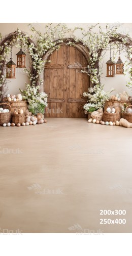 Tło fotograficzne „Wiosenna brama z wikliną i białymi kwiatami” | E619